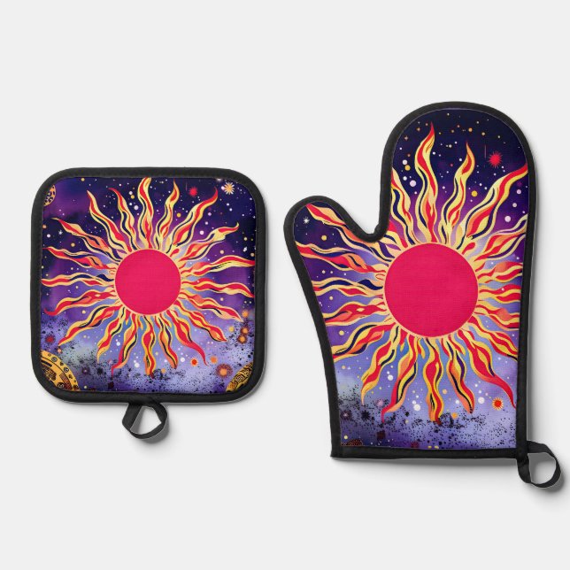 “Dancing Fire of the Cosmos” The Sun Oven Mitt & Pot Holder Set (Front)