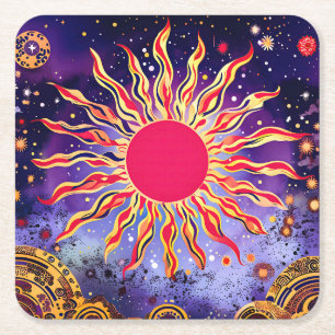 “Dancing Fire of the Cosmos” The Sun Square Paper Coaster