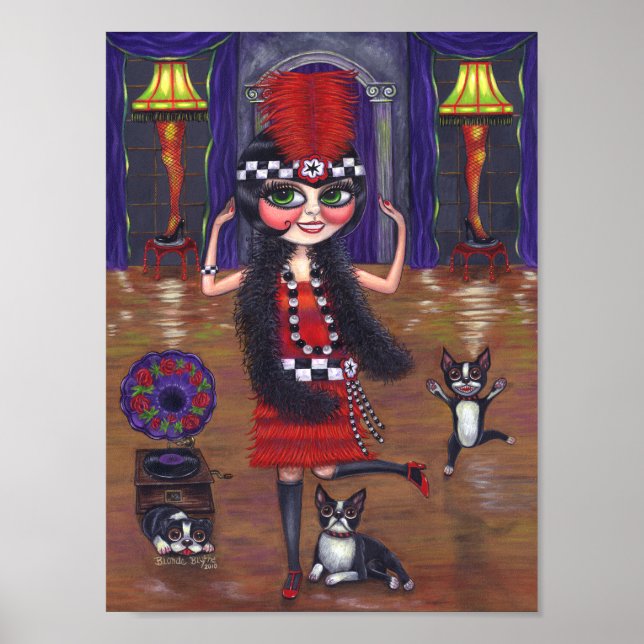 Dancing Flapper Girl Boston Terrier Dog Gramophone Poster (Front)