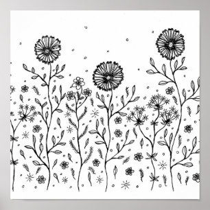 Dancing Flowers Ink Drawing Poster