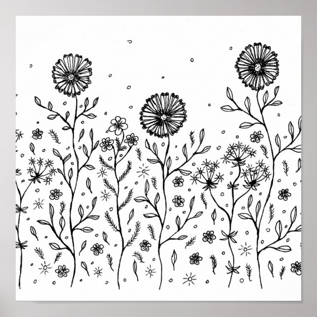 Dancing Flowers Ink Drawing Poster (Front)