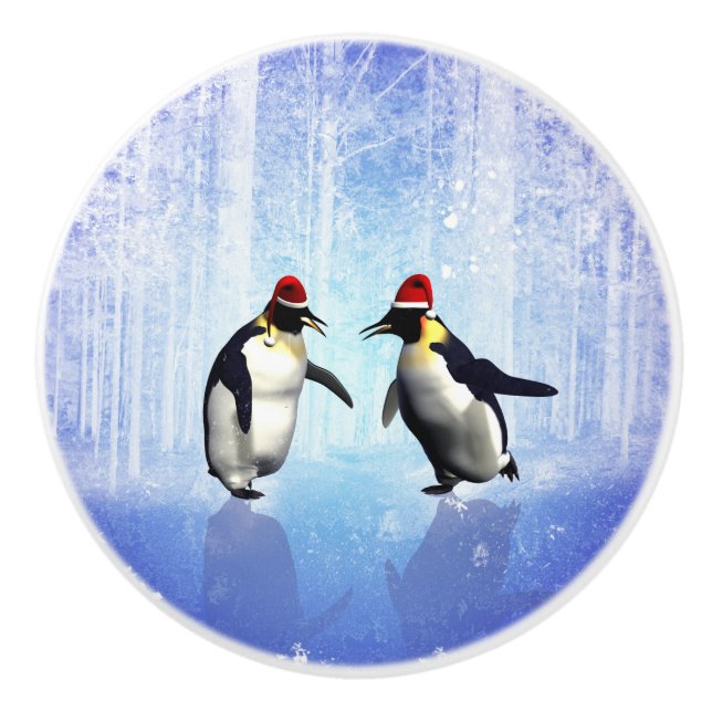 Dancing for christmas, funny penguin ceramic knob (Front)