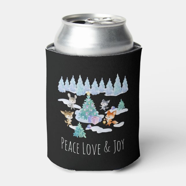 Dancing Forest Animals Christmas Watercolor Can Cooler (Can Front)