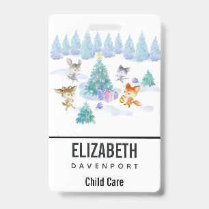 Dancing Forest Animals Christmas Watercolor ID Badge