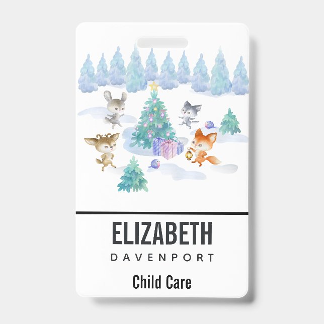 Dancing Forest Animals Christmas Watercolor ID Badge (Front)