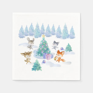 Dancing Forest Animals Christmas Watercolor Napkin