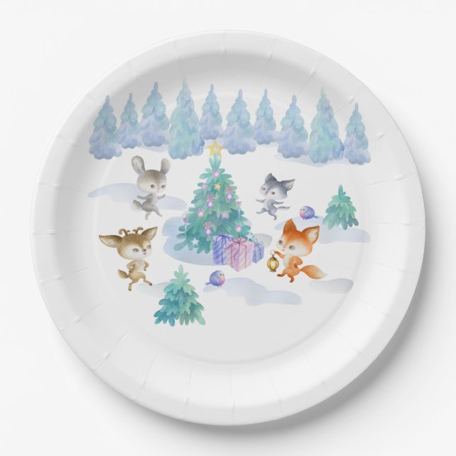 Dancing Forest Animals Christmas Watercolor Paper Plate (Front)