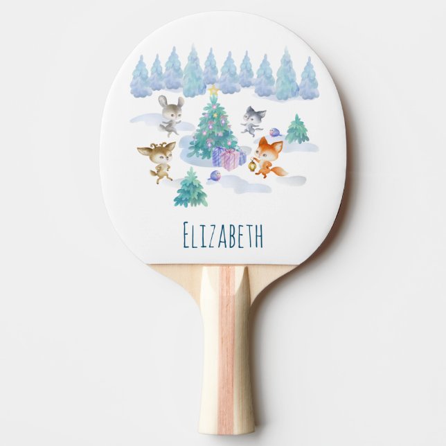 Dancing Forest Animals Christmas Watercolor Ping Pong Paddle (Front)