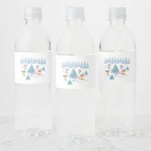 Dancing Forest Animals Christmas Watercolor Water Bottle Label