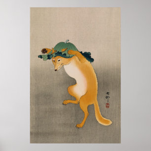 Dancing fox by Ohara Koson Poster