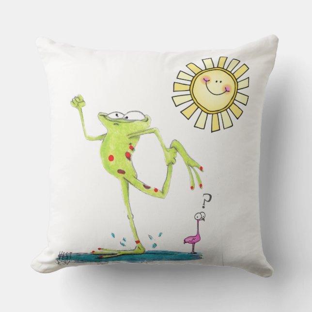 Dancing Frog, Flamingo and Smiling Sun on Cushion (Front)