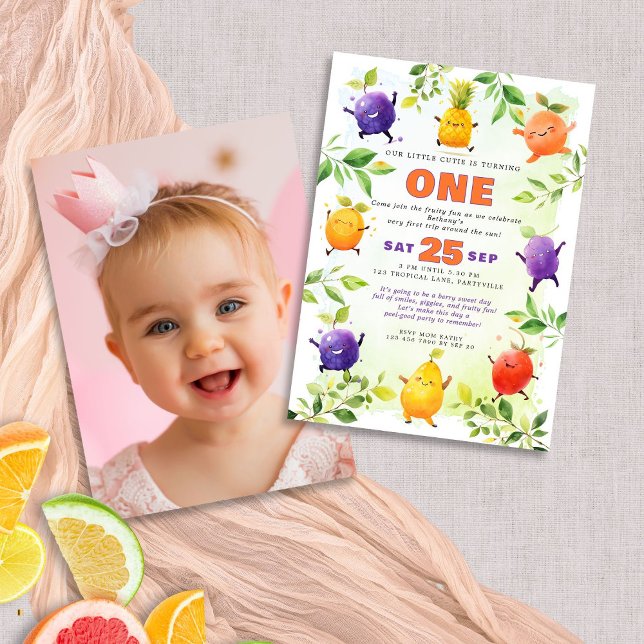 Dancing Fruit First 1st Birthday Party Photo  Invitation (Front and back view)