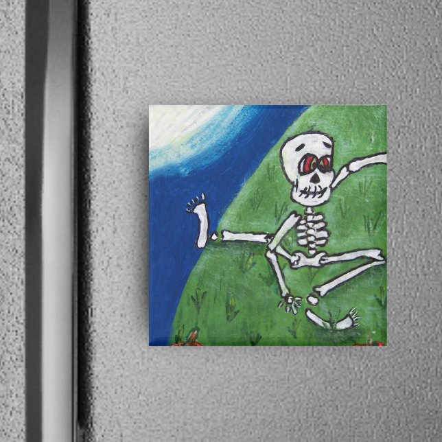 Dancing Funny Skeleton Moon Magnet (Silly dancing skeleton under moon on grassy hill on square Halloween magnet.)