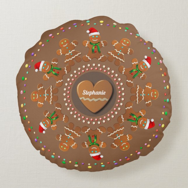 Dancing Gingerbread Cookies Round Cushion (Back)
