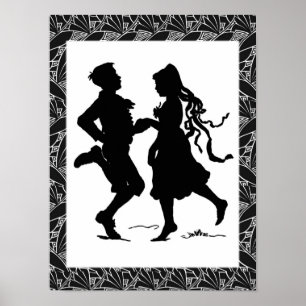 Dancing Girl And Boy Silhouette Art Poster