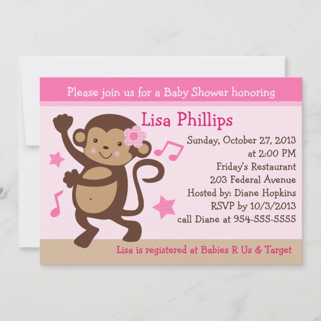 Dancing Girl Monkey Rocker Baby Shower Invitation (Front)
