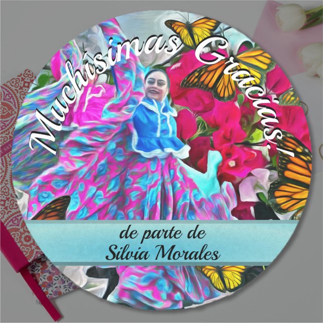 Dancing Gracias with Flowers & Butterflies PV01 Classic Round Sticker (Creator Uploaded)