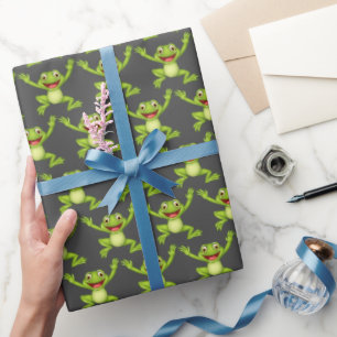 Dancing Green Frog On Grey Wrapping Paper