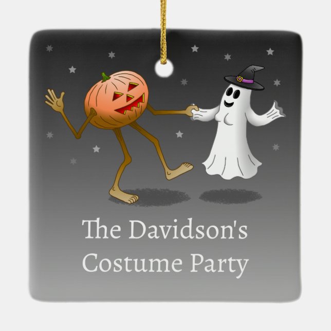 Dancing Halloween Pumpkin and Ghost Ceramic Ornament (Back)