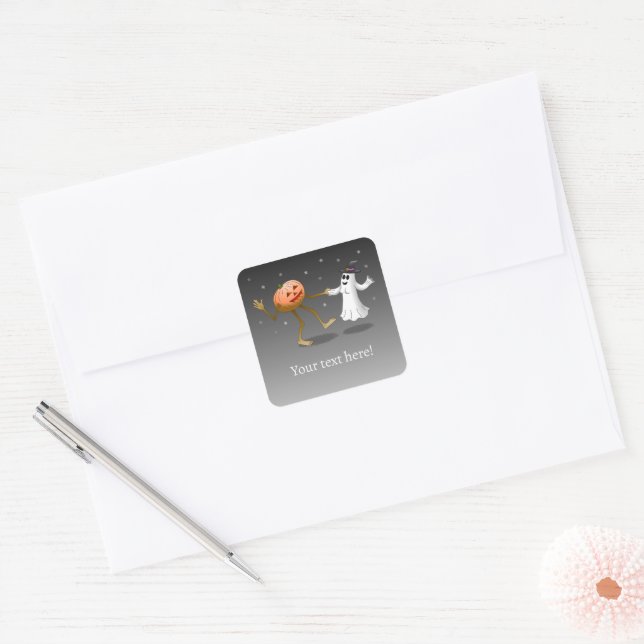 Dancing Halloween Pumpkin and Ghost Square Sticker (Envelope)