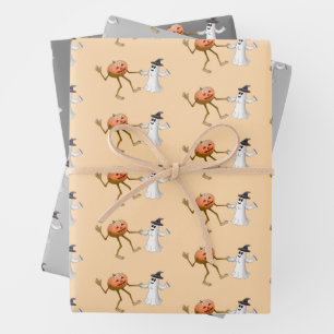Dancing Halloween Pumpkin and Ghost Wrapping Paper Sheet