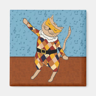 Dancing Harlequin Kitty Square Magnet