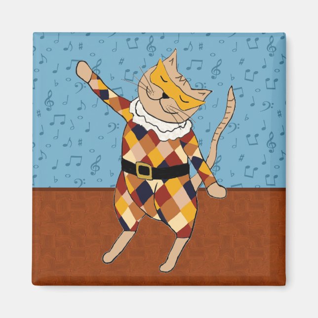 Dancing Harlequin Kitty Square Magnet (Front)