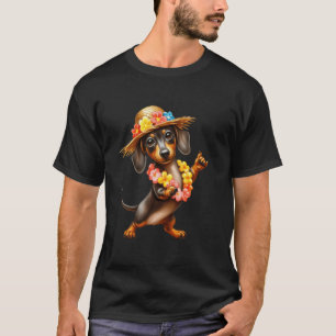 Dancing Hawaiian Dachshund Dog with Tropical Flowe T-Shirt
