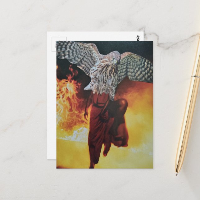 Dancing Hawk in a red dress fantasy collage Postcard (Front/Back In Situ)