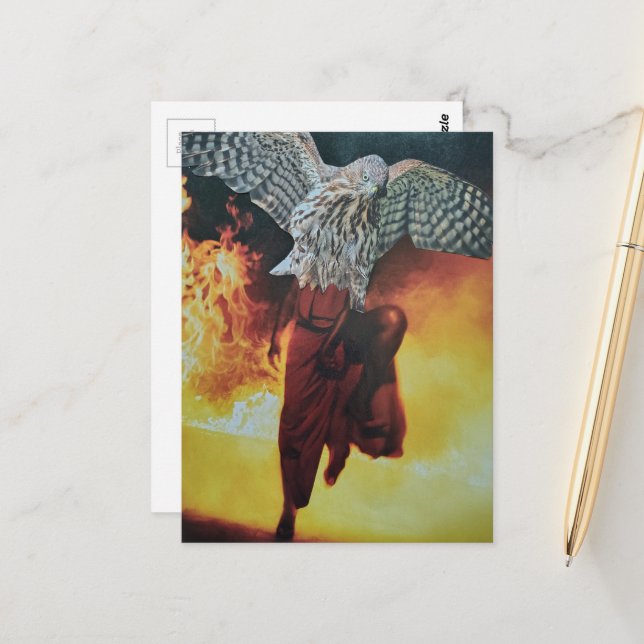 Dancing Hawk in a red dress fantasy collage Postcard (Front/Back In Situ)
