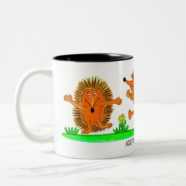 Dancing Hedge Hog Cartoon Two-Tone Coffee Mug (Left)