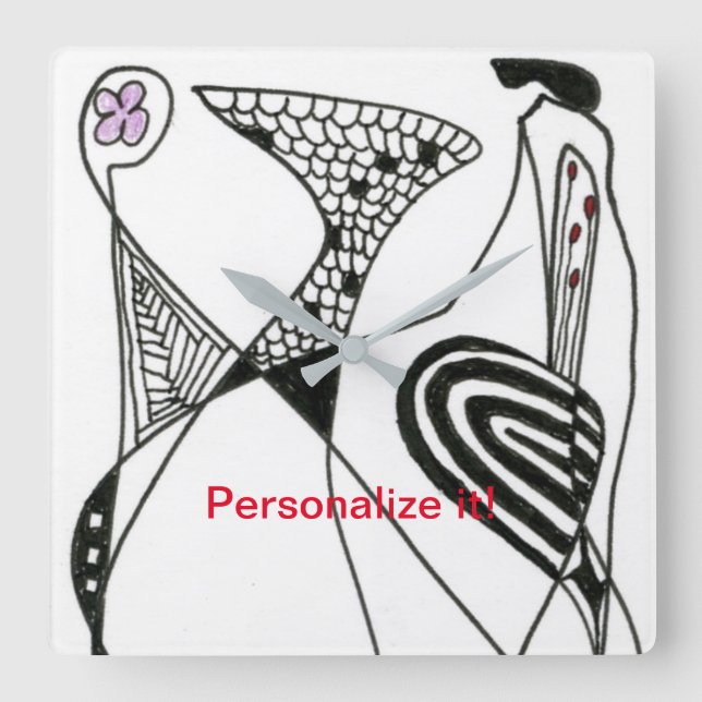 "Dancing Hen" abstracted chicken in black & white Square Wall Clock (Front)