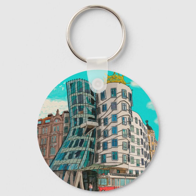 Dancing House Prague Czech Republic Whimsical Art Key Ring (Front)