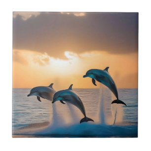 Dancing in the Dusk: Three Dolphins Leaping  Ceramic Tile