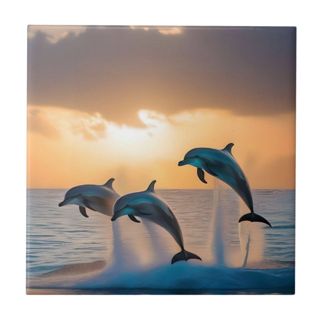 Dancing in the Dusk: Three Dolphins Leaping  Ceramic Tile (Front)