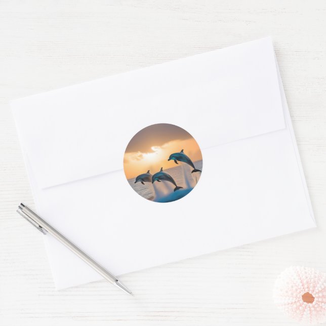 Dancing in the Dusk: Three Dolphins Leaping  Classic Round Sticker (Envelope)