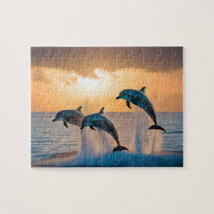 Dancing in the Dusk: Three Dolphins Leaping  Jigsaw Puzzle