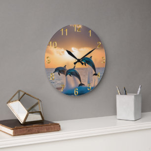 Dancing in the Dusk: Three Dolphins Leaping  Large Clock