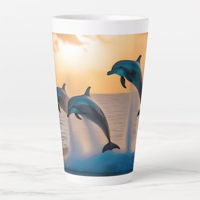 Dancing in the Dusk: Three Dolphins Leaping  Latte Mug (Front)