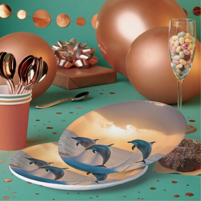 Dancing in the Dusk: Three Dolphins Leaping  Paper Plate (Multi)