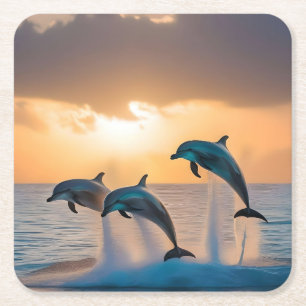 Dancing in the Dusk: Three Dolphins Leaping Square Paper Coaster