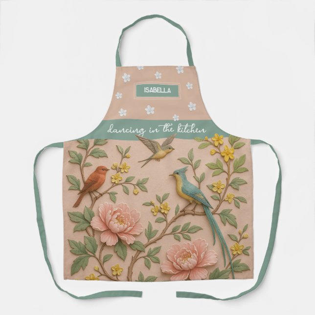 "Dancing in the kitchen" Chinese birds Peonies Apron (Front)