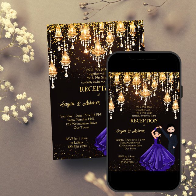 Dancing Indian couple chic reception template (Dancing Indian couple chic wedding reception template invitation digital download gold glitter)