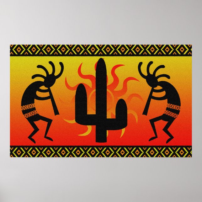 Dancing Kokopelli In Sunset Tribal Wall Art (Front)