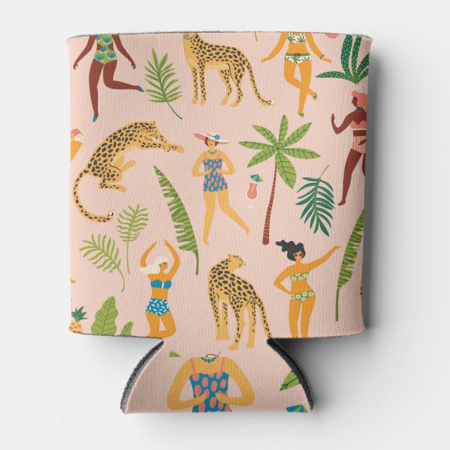 Dancing Ladies, Leopards Vintage Pattern. Can Cooler (Front)