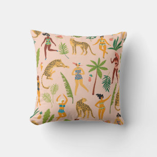 Dancing Ladies, Leopards Vintage Pattern. Cushion