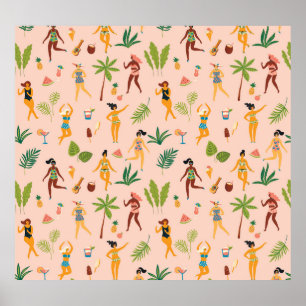 Dancing ladies, palm leaves pattern. poster
