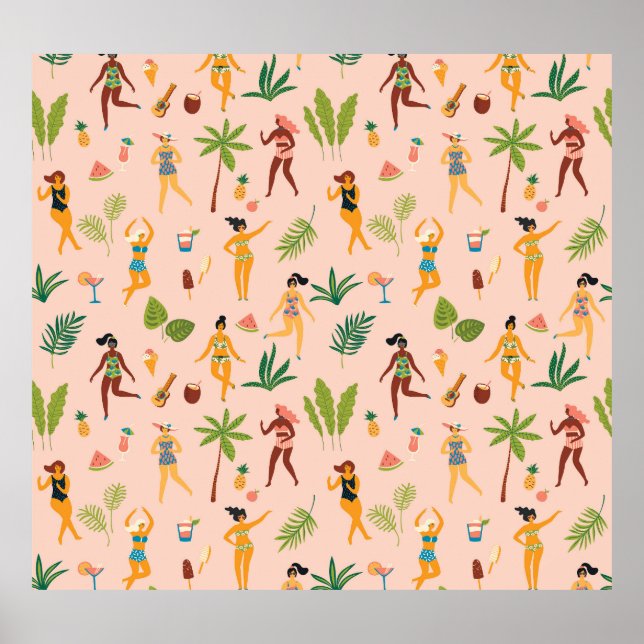 Dancing ladies, palm leaves pattern. poster (Front)
