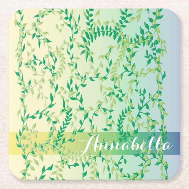 Dancing leaves square paper coaster (Front)