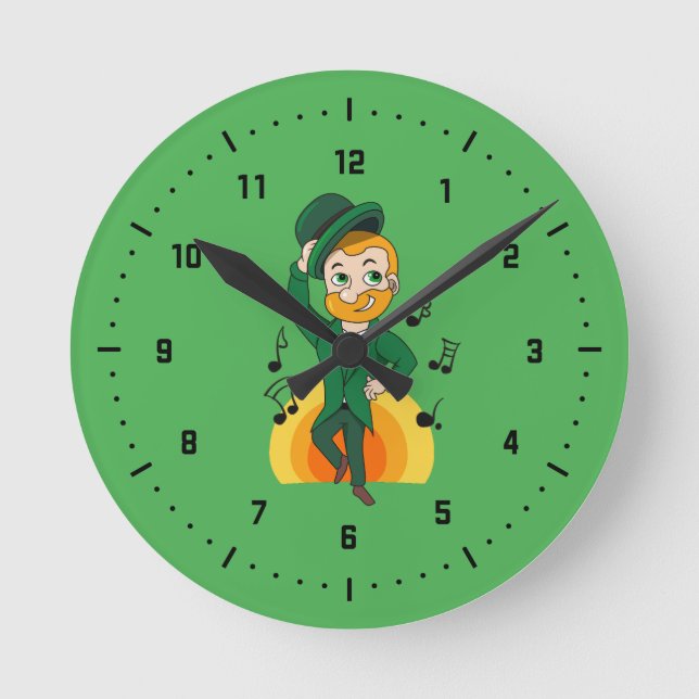 Dancing leprechaun, St. Patrick's Day cartoon  Round Clock (Front)